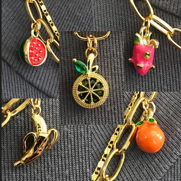"Fruit Stand" Handmade 2-Layer Gold Charm Necklace with Tropical Fruit Charms - Picture 3 of 15